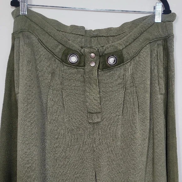 Free People Half Court Wide Leg Pants Size L Olive Green Pockets Boho Elastic - Picture 5 of 16